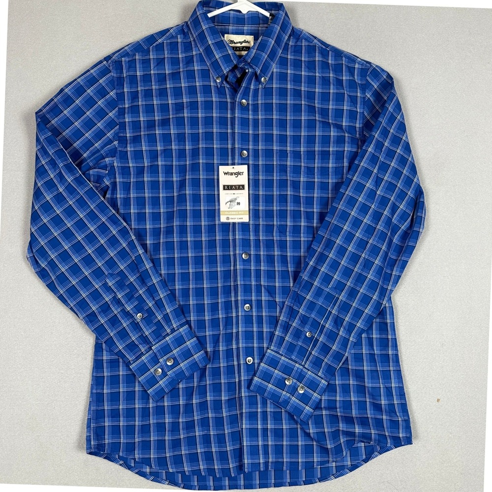 NEW Wrangler Shirt Mens Medium Riata Blue Plaid Classic Fit Button Down Pocket